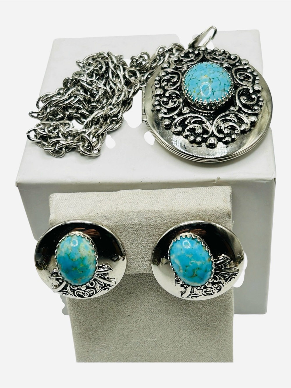 Vintage Renaissance Revival Locket and Clip Earrings with Hubble Glass Set